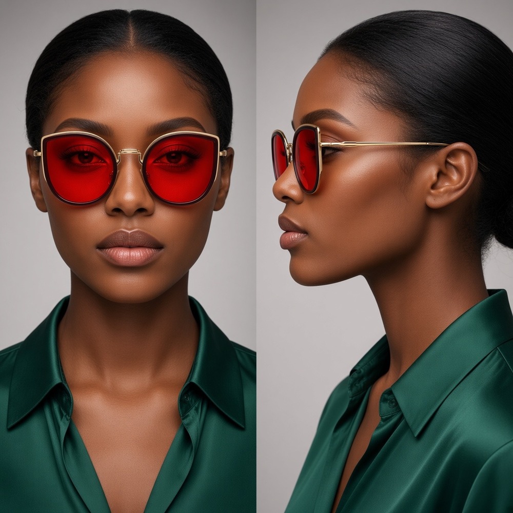 Womens Oversized Cat Eye Sunglasses Red Tinted Lens Gold Frame Statement Shades